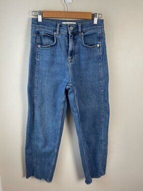 Whistles blue denim curved seam high rise raw hem ankle cropped mom jeans 26
